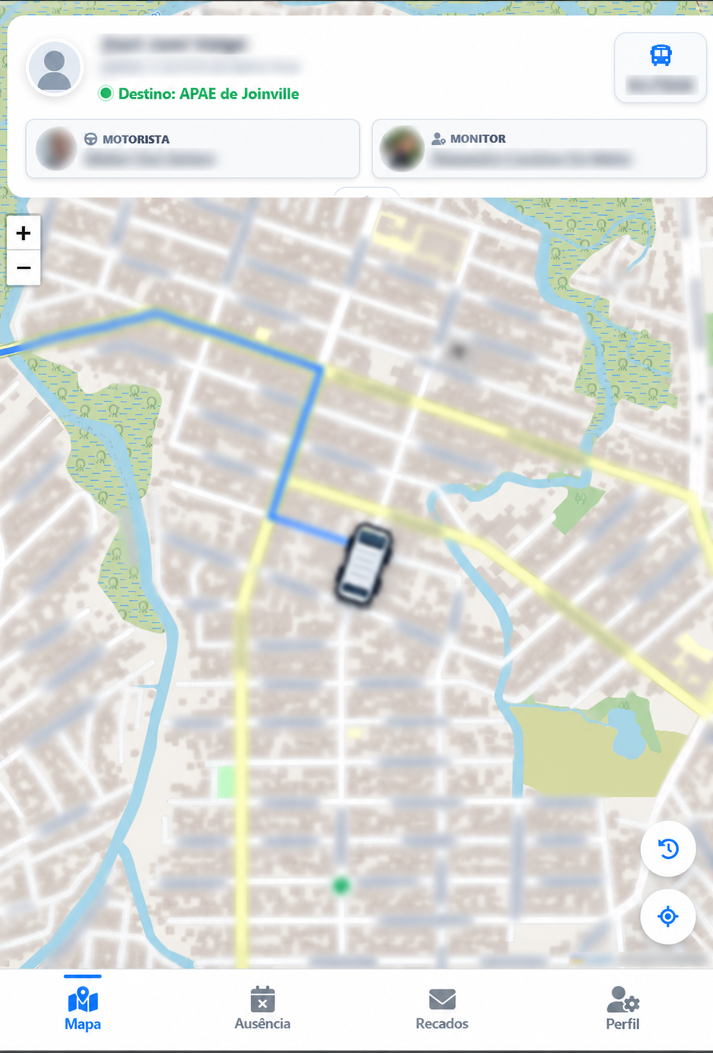Mapa de acompanhamento da viagem no GPS Escola