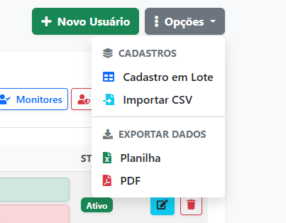 Menu do GPS Escola com cadastro em lote, importação CSV e exportação em planilha ou PDF
