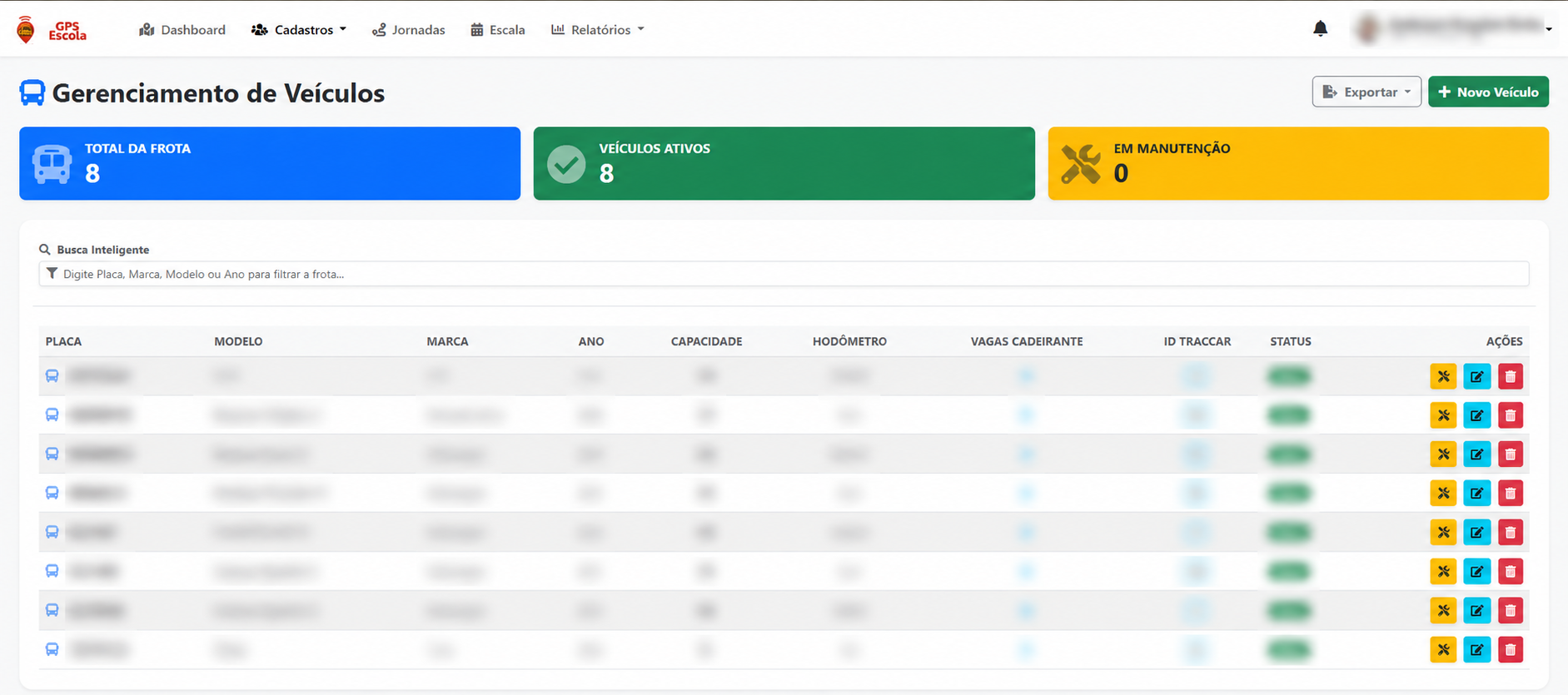 Painel do GPS Escola para cadastro e gerenciamento de veículos